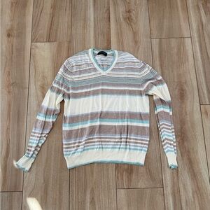 Brooks Brothers Striped V-Neck Sweater - Cream, Brown, and Blue SIZE MEDIUM